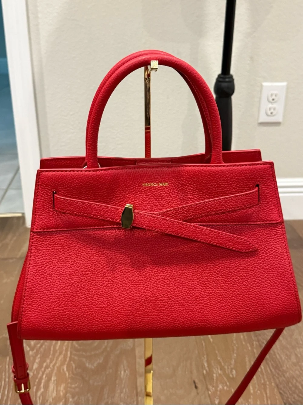 Veronica Beard Bright Red Pebbled Leather Satchel with Bow Strap Crossbody Belt